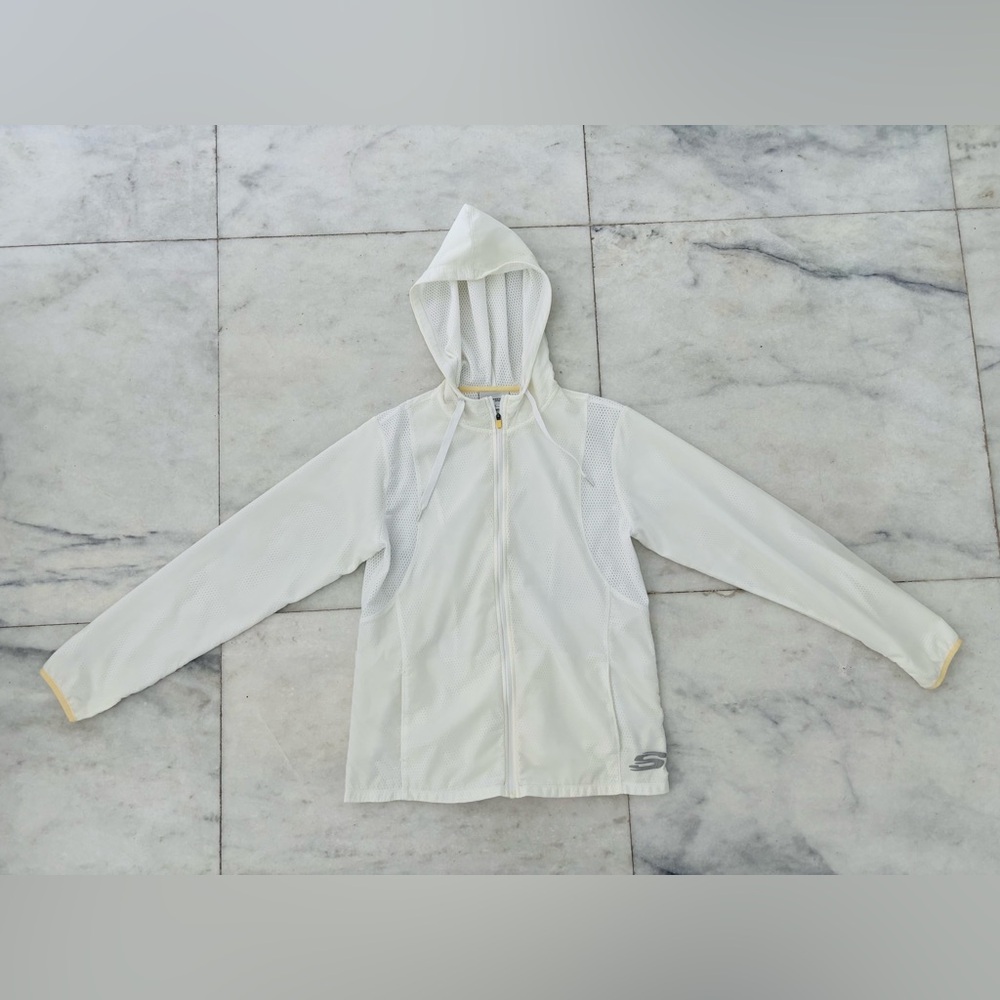 90s Y2K Skechers Jacket Ivory Hooded Track Mesh Nylon Women M Athletic Gym Retro